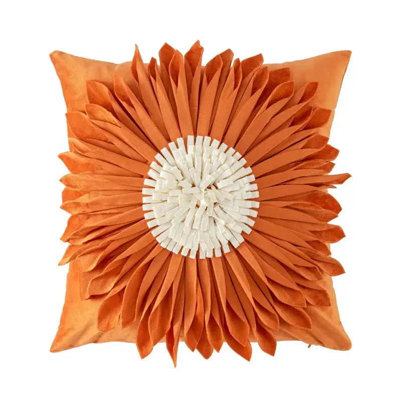 Orange velvet cushion cover with handmade flower 3d sunflower design and white center for living room decorbites handmade flower