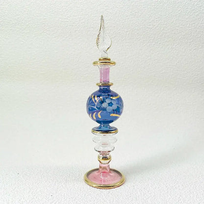 Handmade glass bottle exquisite ornament in blue with gold accents and grapevine etchings for living room decor