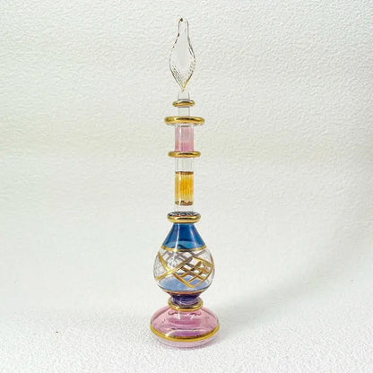 Slender handmade glass bottle with multi-colored design and gold accents as an exquisite ornament for living room decor