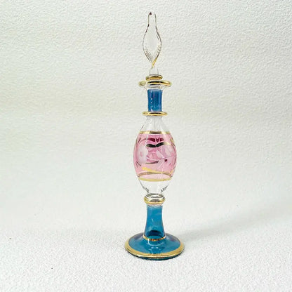 Handmade glass bottle with blue gold accents pink floral etching and clear twisted stopper as exquisite ornament for decor