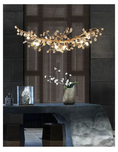 Handmade gold glass crystal led branches chandelier with clear crystal droplets and warm glowing lights for dining room