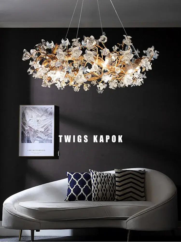 A handmade gold glass crystal led branches chandelier with delicate crystal led branches and clear blossoms for dining room light