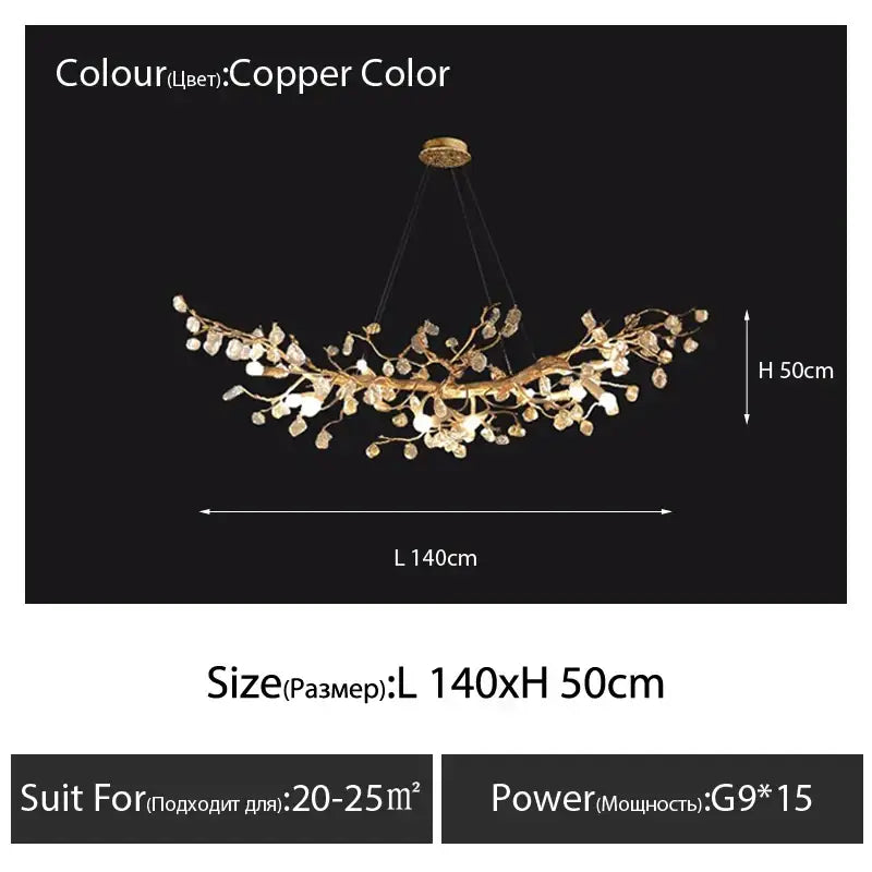 Handmade copper glass crystal led branches chandelier with intricate design and clear beads for dining room light