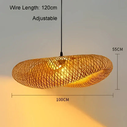 Handmade golden brown bamboo wave pendant light with 55cm diameter and adjustable 120cm wire emitting warm glow