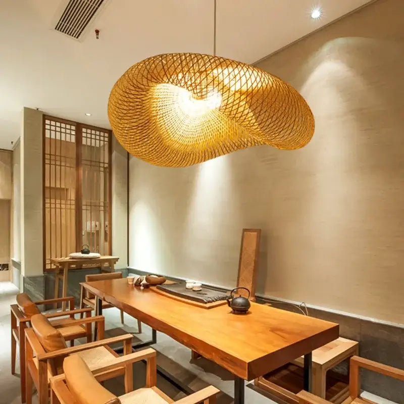 Handmade golden brown bamboo wave pendant lights with warm diffused glow for dining room pendant lights