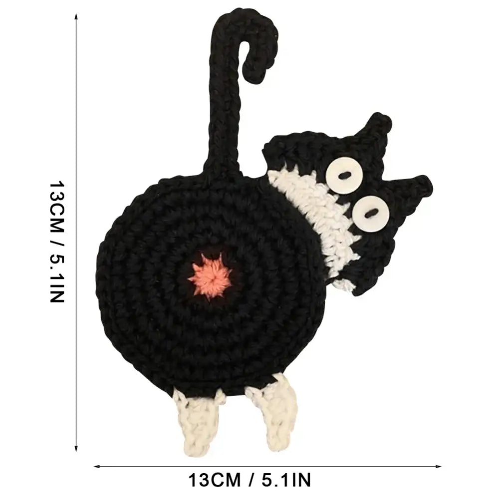 Handmade black crocheted cat butt coaster with white accents and pink embroidery by decorbites cat butt set of 4