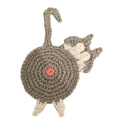 Handmade gray crocheted cat butt coaster with pink yarn detail and white button eyes from decorbites cat butt set