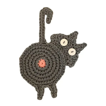Handmade gray crocheted cat butt coaster with white button eyes and pink flower rear decorbites cat butt set of 4