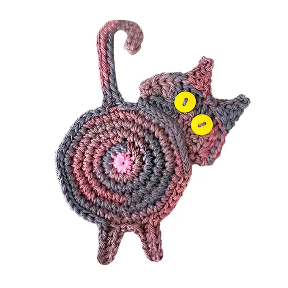 Handmade gray crocheted cat butt coasters set of 4 featuring decorbites cat with pink gradient and yellow button eyes