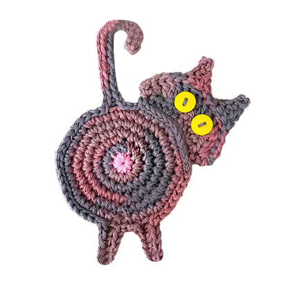 Handmade gray crocheted cat butt coasters set of 4 featuring decorbites cat with pink gradient and yellow button eyes
