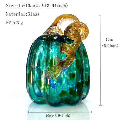 Handmade iridescent teal and green glass pumpkin figurines with golden yellow stems for living room decor