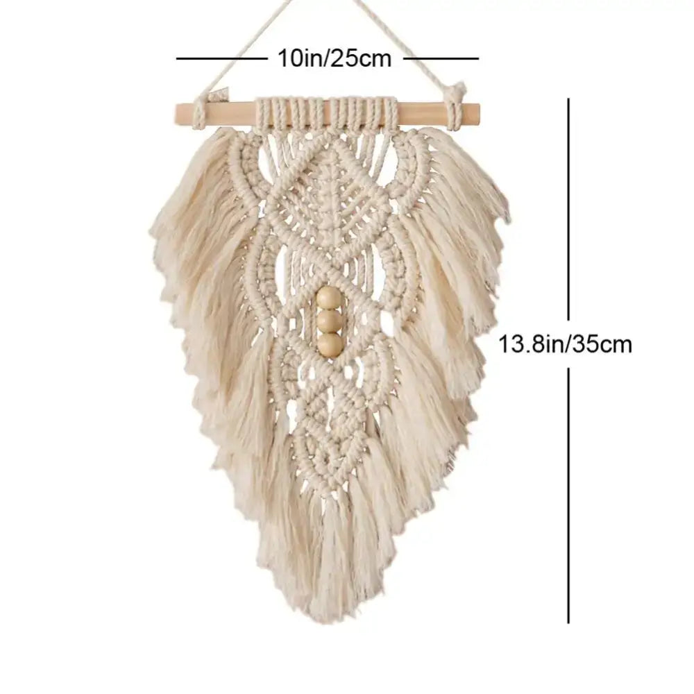 Handmade macrame leaf wall hanging in cream with wooden dowel and beads for olive green and off-white bedroom decor