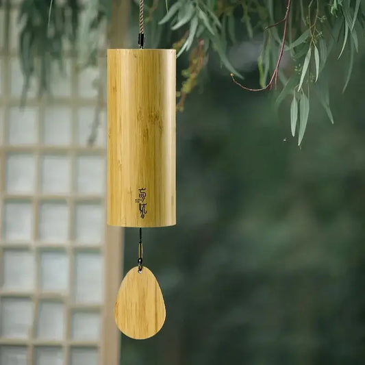 Handmade natural tan bamboo chord wind chimes with light finish and engraved logo for garden decor