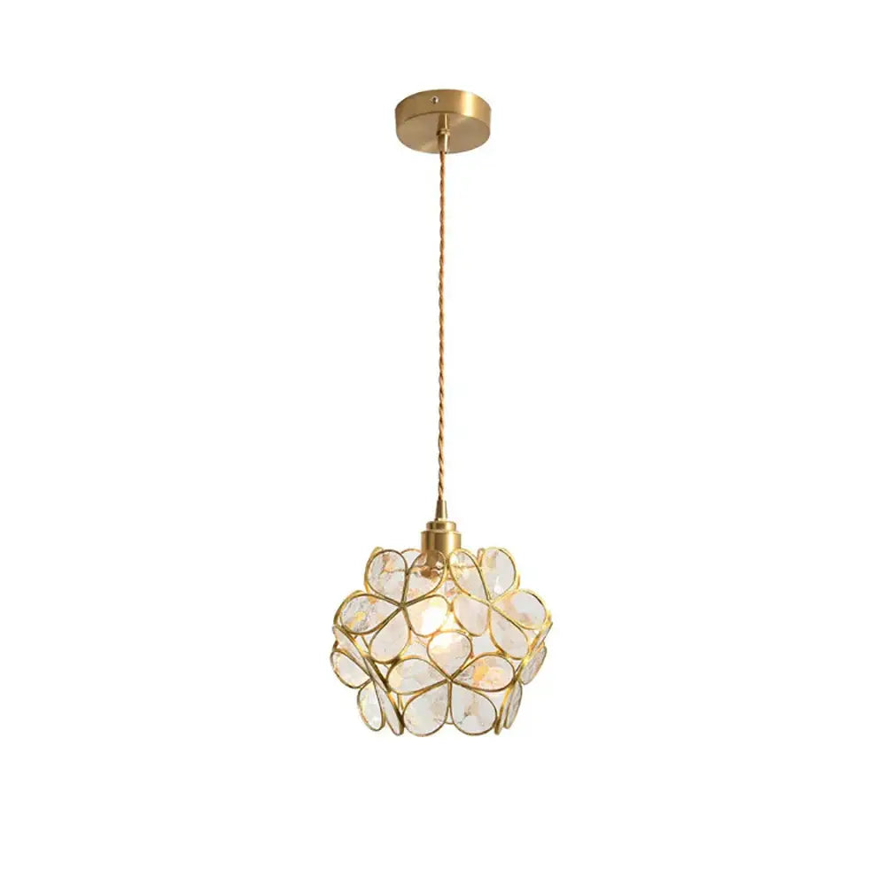 Handmade pink and teal glass petal pendant light with gold-toned spherical floral design for bedroom use