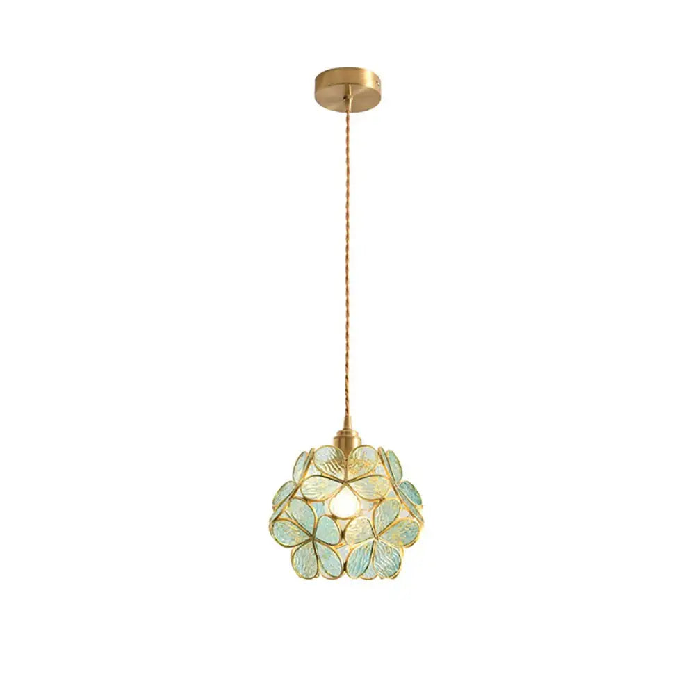 Handmade pink and teal glass petal pendant light with delicate gold-toned spherical arrangement for bedroom use