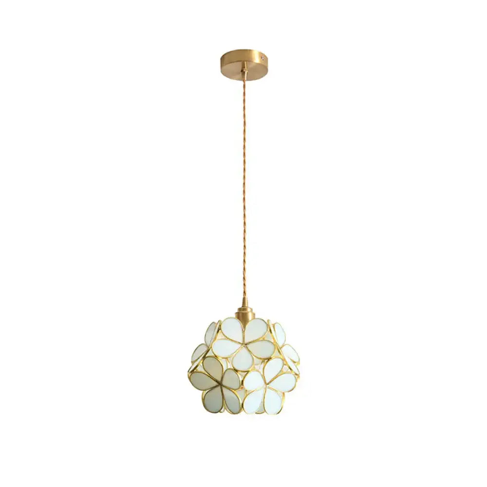 Gold-toned glass petal pendant light with translucent white floral design for bedroom flower lamp lighting