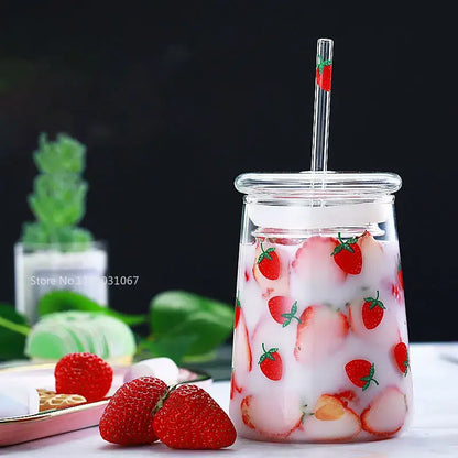 Handmade clear glass cup set with strawberry design pink lid and transparent straw ideal for kitchen milkshake use