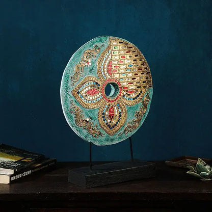 Handmade Thai solid teal ceramic tabletop decoration with intricate gold red and blue mosaic inlay by Decorbites