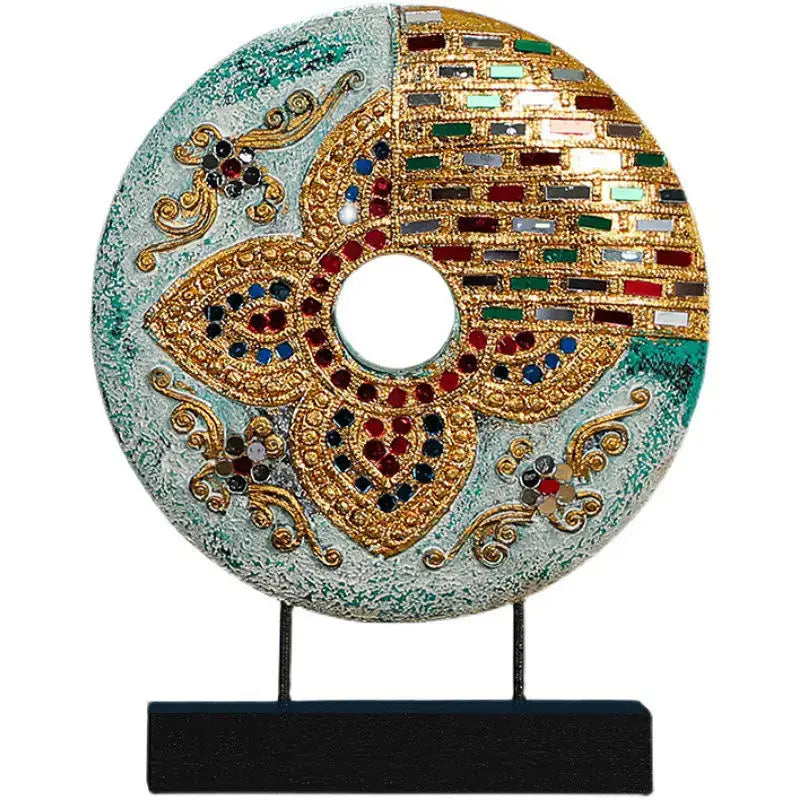 Handmade thai solid teal and gold mosaic tabletop decoration with red and blue gemstones by decorbites for living room decor