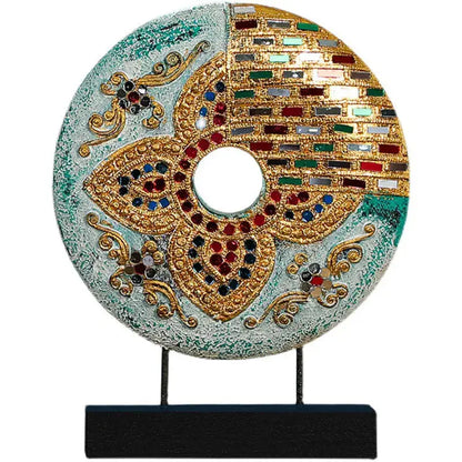 Handmade thai solid teal and gold mosaic tabletop decoration with red and blue gemstones by decorbites for living room decor