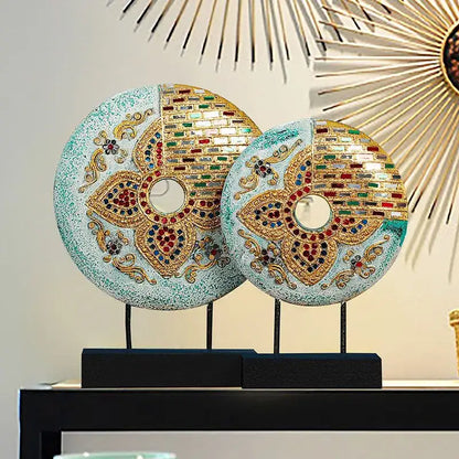 Two ornate handmade thai solid teal and gold mosaic tabletop decoration plaques with turquoise patterns and embedded gemstones