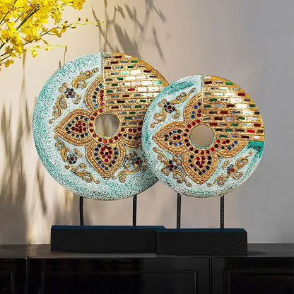 Two ornate handmade thai solid teal and gold mosaic tabletop decoration plaques with embedded gemstones for living room decor
