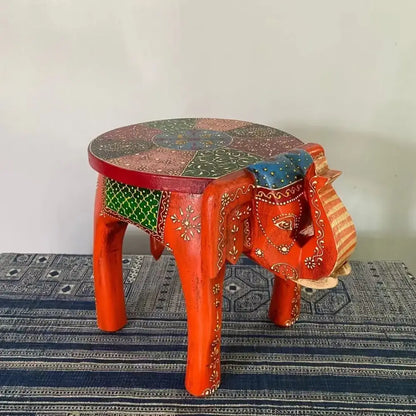 Handmade thai style red and turquoise wooden elephant stool with gold green patterns and mosaic seat for decorbites elephant stool decor