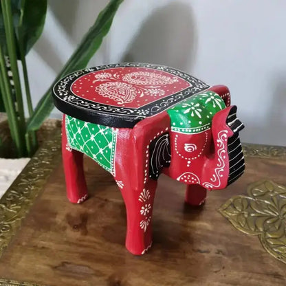 Handmade thai style red and green wooden elephant stool with white paisley patterns by decorbites elephant stool for decor