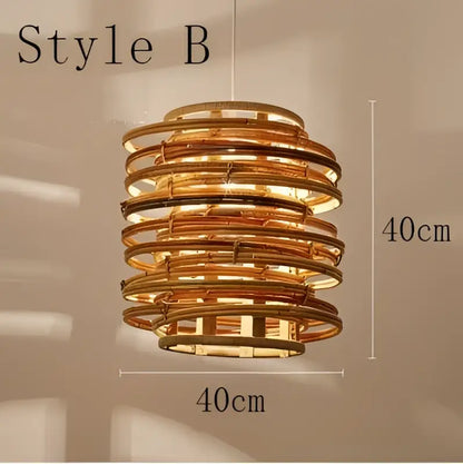 A warm-toned handmade tiered bamboo birdnest pendant light in style b featuring woven natural rattan decorbites bamboo birdnest design