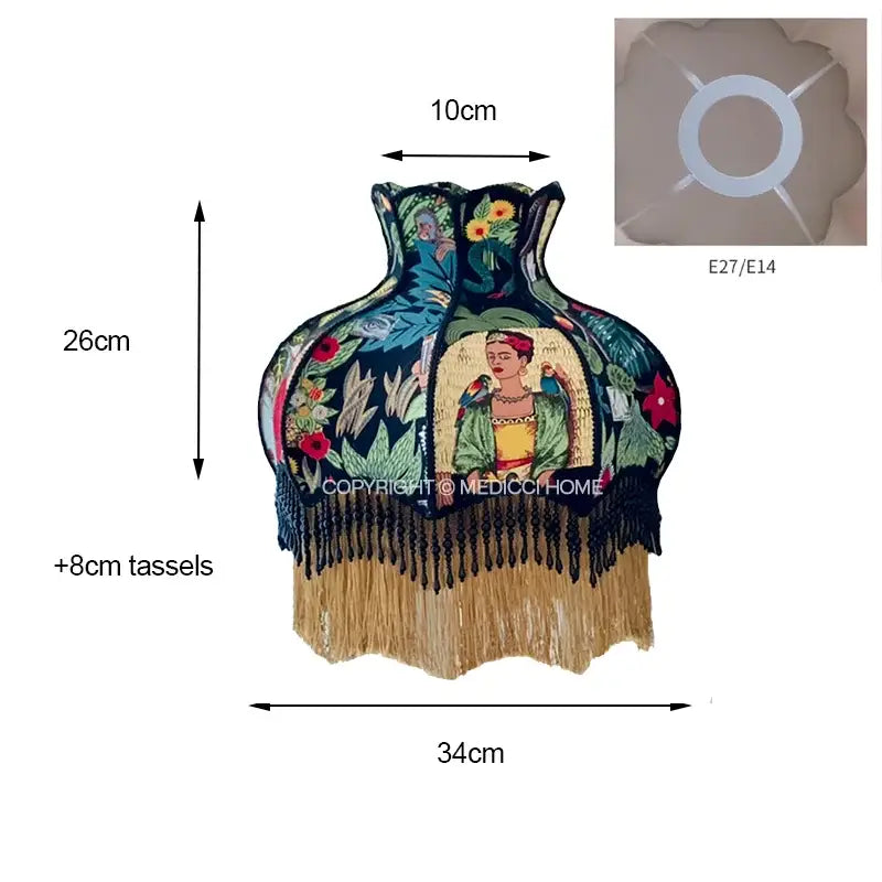 Handmade vintage jungle lampshade with vibrant embroidered frida kahlo and golden tassels on dark blue fabric decorbites handmade vintage