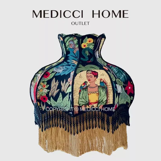 Medicci home outlet handmade vintage jungle lampshade with vibrant frida kahlo embroidery on navy fabric decorbites vintage jungle lampshade