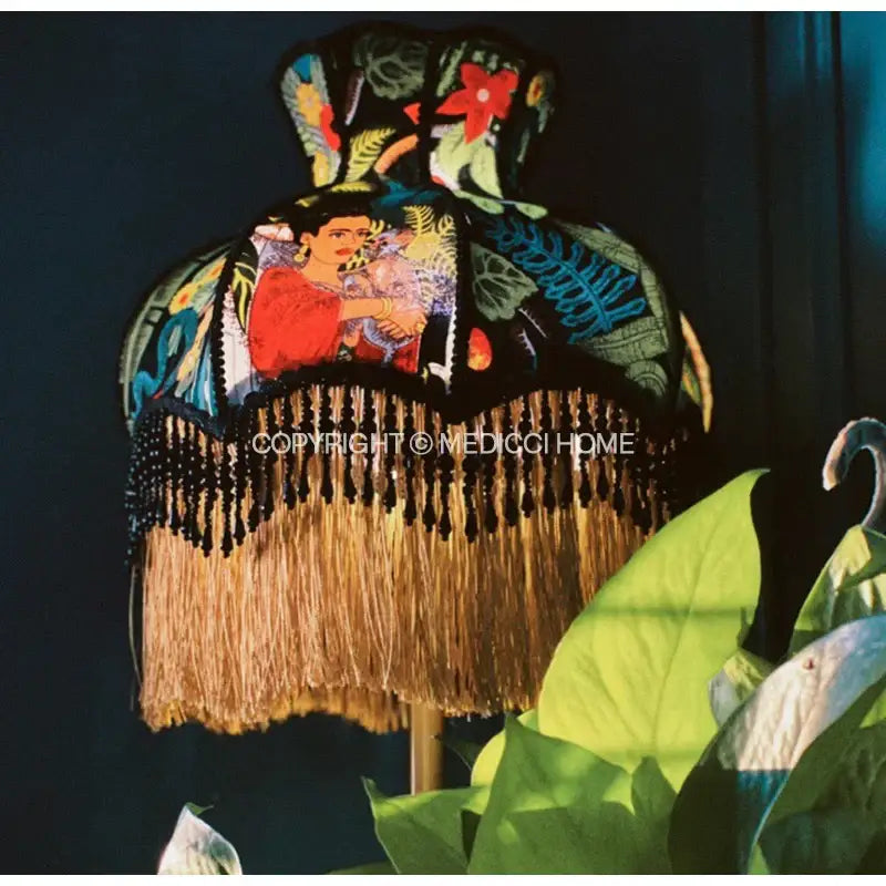 Handmade vintage jungle lampshade with vibrant frida kahlo embroidery, tropical patterns, black beads, and golden tassels