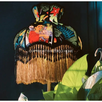 Handmade vintage jungle lampshade with vibrant frida kahlo embroidery, tropical patterns, black beads, and golden tassels