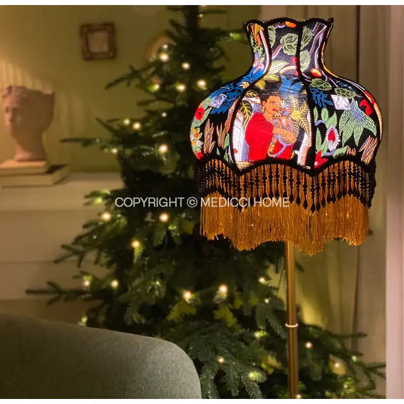 Handmade vintage jungle lampshade with vibrant embroidered frida kahlo portrait bold floral patterns and gold fringe decorbites handcrafted decor