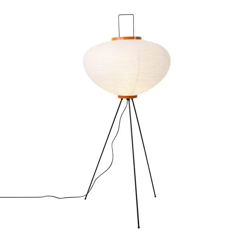 Handmade wabi sabi cream ribbed paper floor lamp with wooden rim and black metal tripod base by decorbites