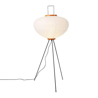 Handmade wabi sabi cream ribbed paper floor lamp with wooden rim and black metal tripod base by decorbites