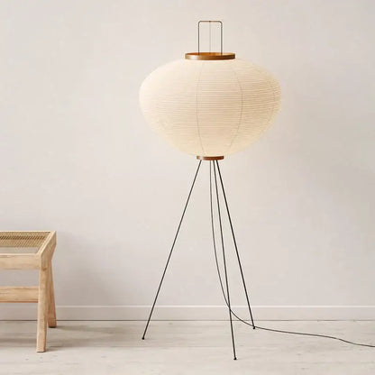 Handmade wabi sabi cream paper floor lamp with tripod wooden base perfect for living room decorbites handmade wabi