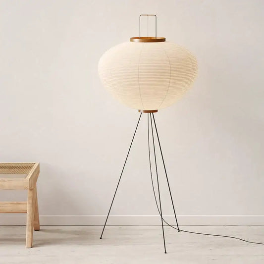 Handmade wabi sabi cream paper floor lamp with tripod wooden base perfect for living room decorbites handmade wabi