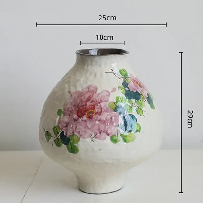 Handmade white ceramic watercolor flower vase with textured surface and pink green floral patterns for retro decor