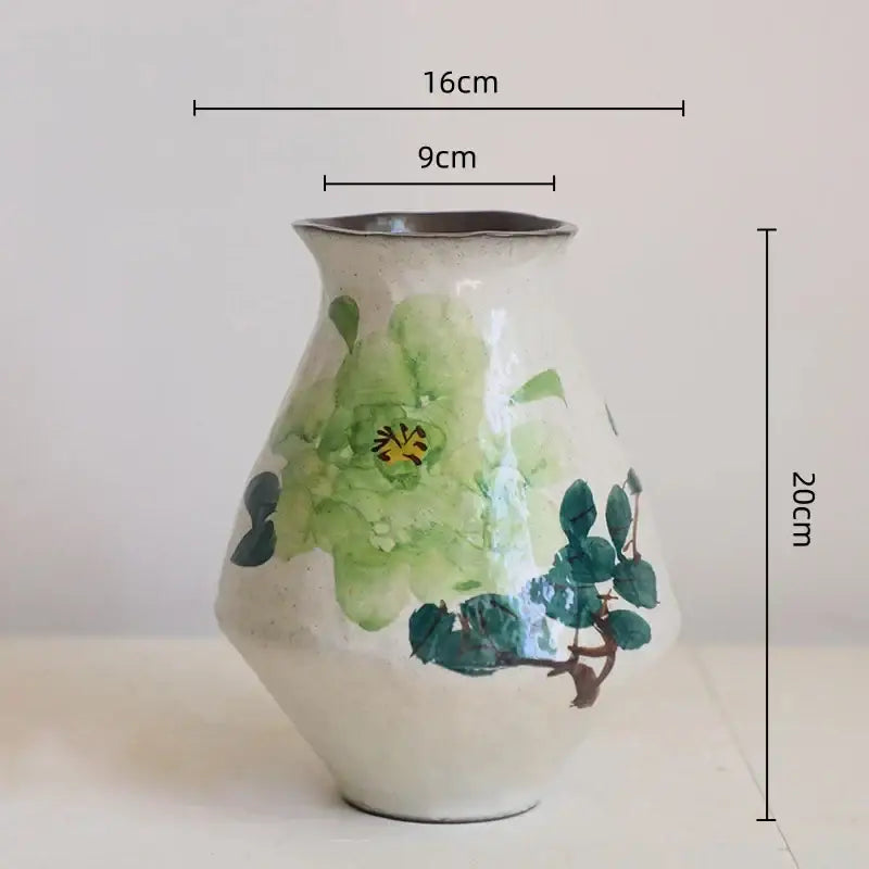 Handmade watercolor flower vase with hand-painted green peony on off-white ceramic in flower vase retro style