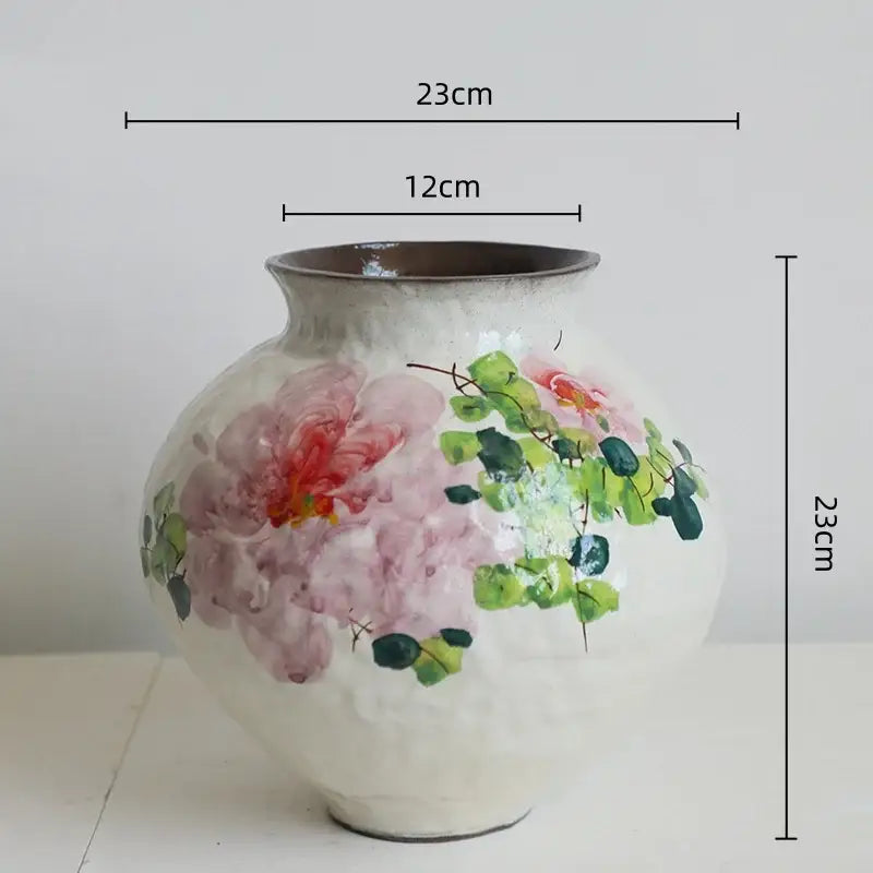 Handmade off-white ceramic watercolor flower vase with pink blossoms and green leaves vintage retro decorative jar for living room