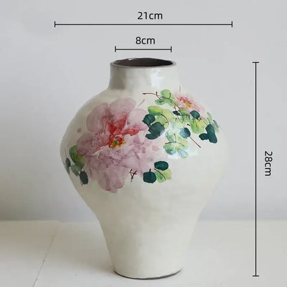 Handmade white ceramic watercolor flower vase with pink blossoms and green leaves flower vase retro decorative jar