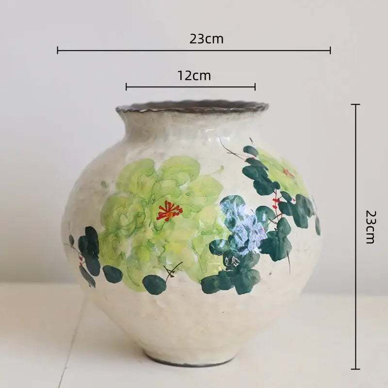 Hand-painted ceramic watercolor flower vase with textured off-white surface and green foliage red blossoms retro decorative jar