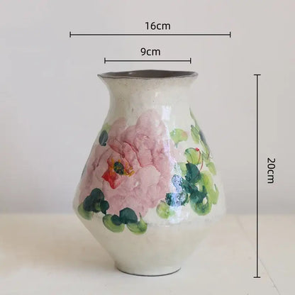 Hand-painted ceramic watercolor flower vase with off-white glaze and pink peony design for retro decorative use