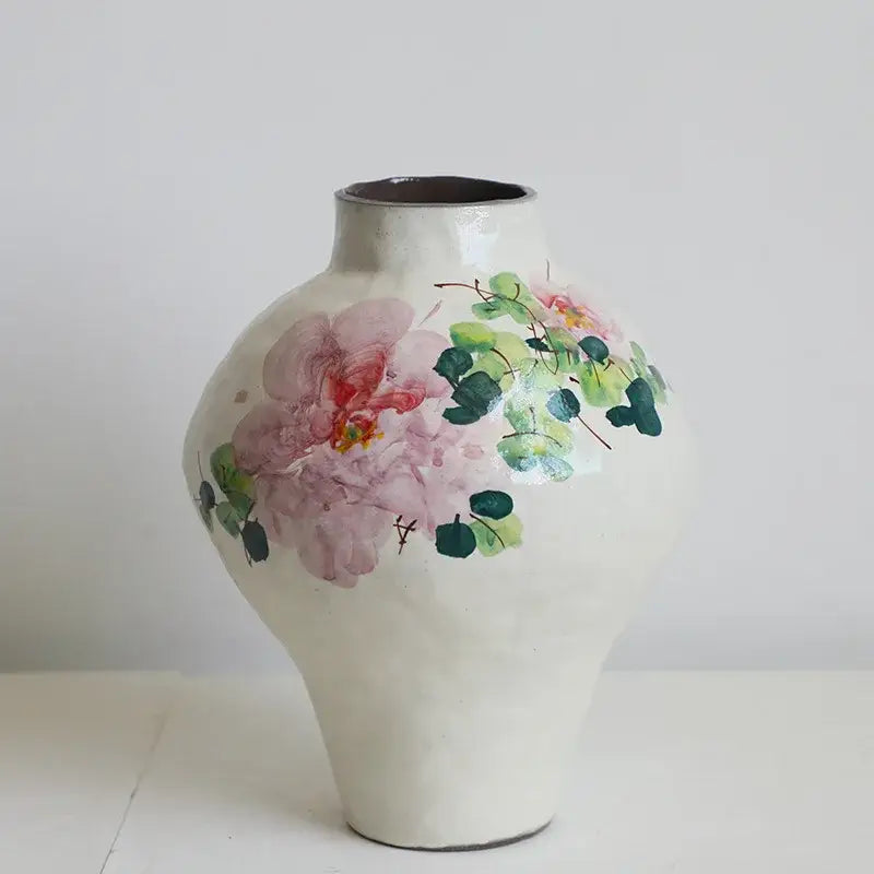 Hand-painted ceramic watercolor flower vase with soft white glaze and pink peony blossoms for living room decor