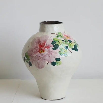 Hand-painted ceramic watercolor flower vase with soft white glaze and pink peony blossoms for living room decor