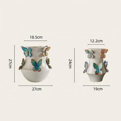 Handmade white butterfly ceramic vase by decorbites adorned with colorful three-dimensional butterfly decor