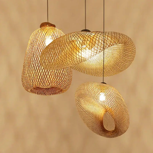 Three hanging pendant decorbites bamboo chandelier lights with woven mesh emitting warm glow for dining room