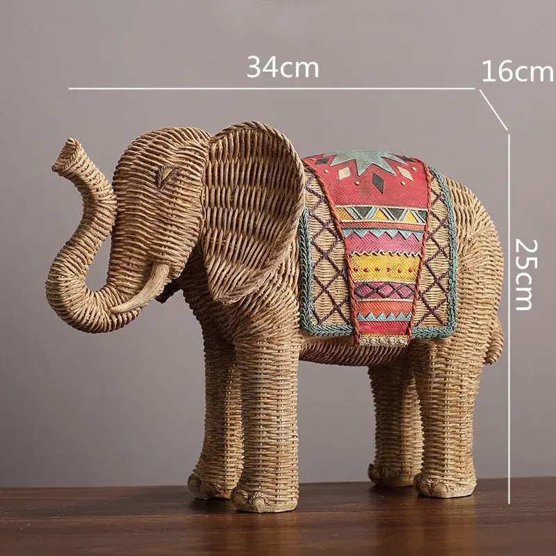 Handwoven wicker decorbites elephant resin handicraft with colorful textile saddle for living room decor