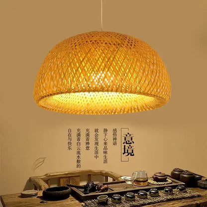 Handwoven beige tone bamboo dome pendant light with warm natural materials for dining room illumination